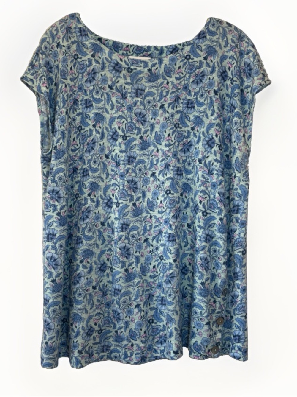 J Jill Women's 100% Linen Blue Floral Blouse Short Sleeve Large Cottagecore